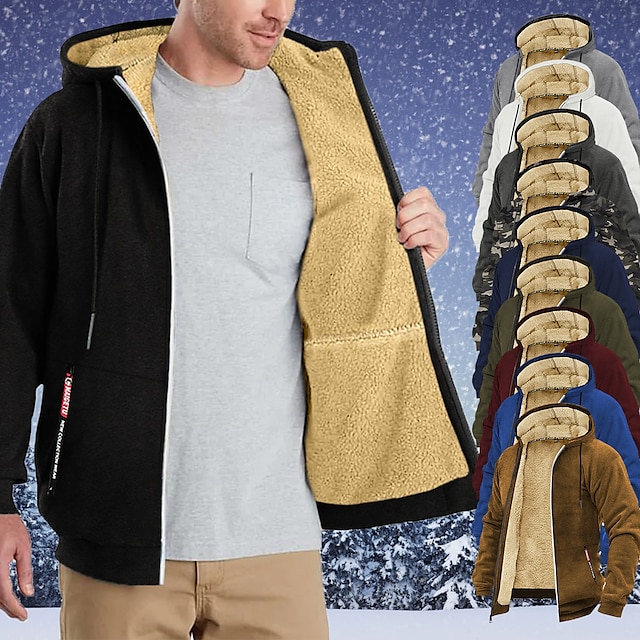  Men's Zip Hoodie Sweatshirt Sweat Jacket Sherpa Black White Wine Army Green Navy Blue Hooded Solid Color Zipper Cool Basic Casual Winter Clothing Apparel Hoodies Sweatshirts  Long Sleeve