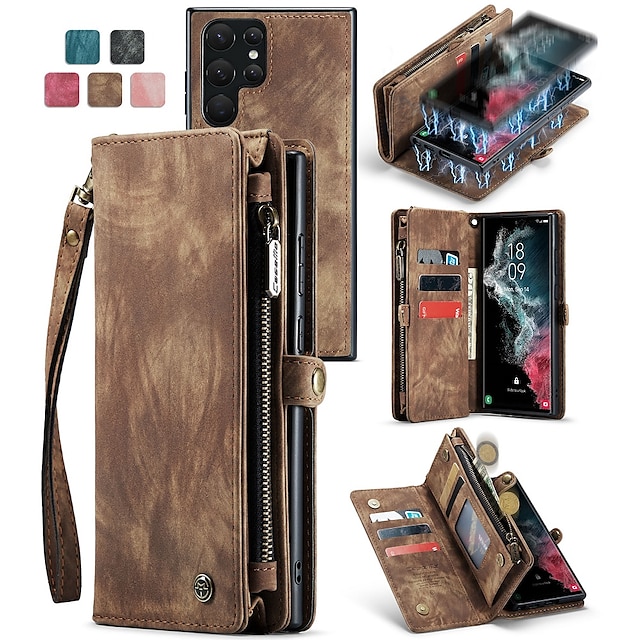  Phone Case For Samsung Galaxy Wallet Card S22 Ultra Plus S21 FE S20 A72 A52 A32 5G Note 20 10 Ultra Plus A51 Zipper with Phone Strap Kickstand Solid Colored PU Leather