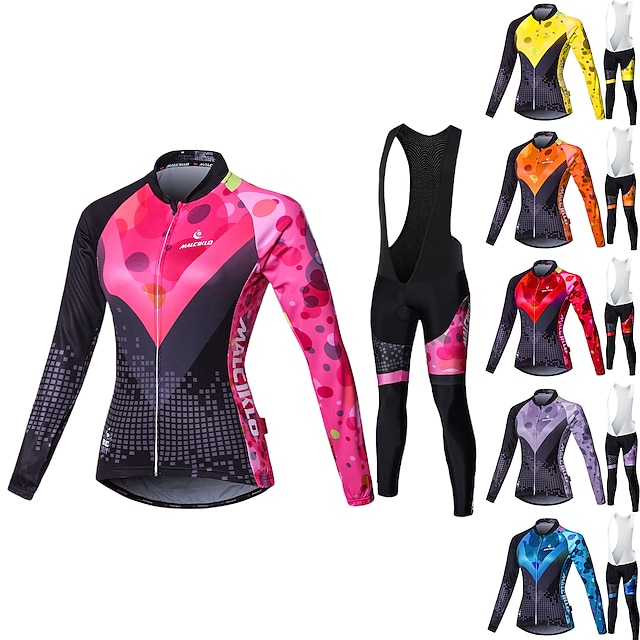  Women's Long Sleeve Cycling Jersey with Bib Tights White Black Bike Tights  Clothing Suit, Breathable 3D Pad Quick Dry  Patchwork High Elasticity  Plus Size