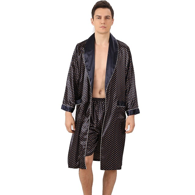 Men S Plus Size Robe Silk Robe Robes Gown Silk Kimono 2 Pieces Waves Simple Comfort Home Daily