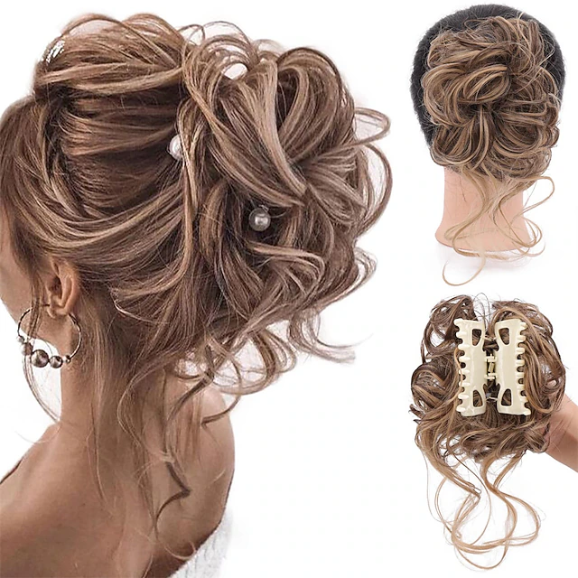 Messy Bun Curly Wavy Synthetic Hair Scrunchies Extension Hairpieces for Women Bun Wig Claw in Bun Messy Chignons Hair Extensions(12H24#Light Golden Brown Mix Golden Brown) 15
