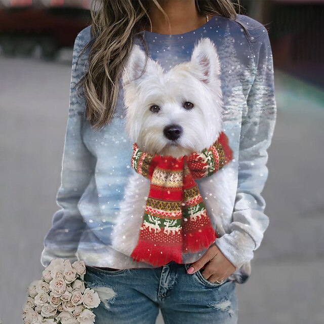  Women's Sweatshirt Pullover Basic Gray Dog Street Long Sleeve Round Neck