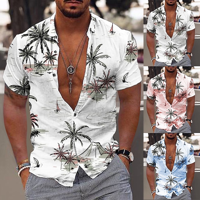  Men's Shirt Summer Hawaiian Shirt Graphic Shirt Aloha Shirt Coconut Tree Aloha Turndown Light Pink White Navy Blue Print Outdoor Street Short Sleeve Print Button-Down Clothing Apparel Fashion