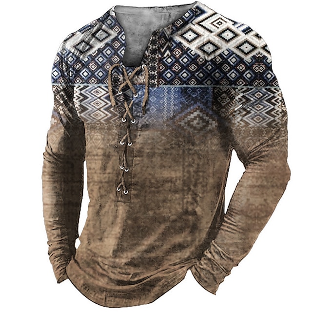  Men's T shirt Tee Tee Graphic Color Block Collar Green Blue Purple Brown 3D Print Outdoor Street Long Sleeve Lace up Print Clothing Apparel Boho Designer Casual