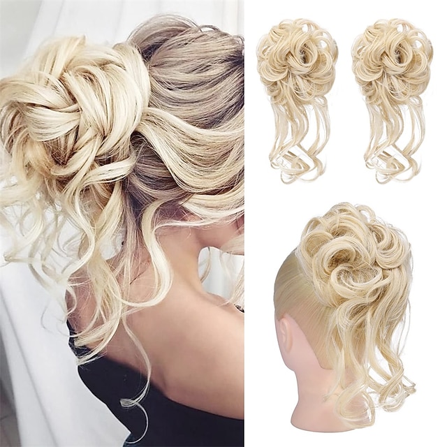  Messy Bun Hair Piece HOOJIH 2PCS Tousled Updo with Tendrils Hair Bun Extensions Wavy Curly Hair Wrap Ponytail Hairpieces Thick Hair Scrunchies for Women Girls - Cool Light Blonde
