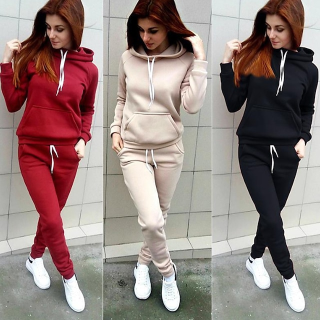  Women's Hoodie Tracksuit Pants Sets Sweatpants Joggers Active Streetwear Black Pink Solid Color Sport Fitness Drawstring Hooded S M L XL 2XL