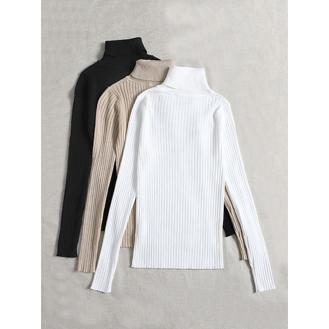  Femmes Pull Basique Occasionnel Couleur Unie Côtelé Col roulé Tricoté Fin manche longue Tricoter Quotidien Noir + Blanc + Gris Noir + Abricot + Marron Automne Hiver