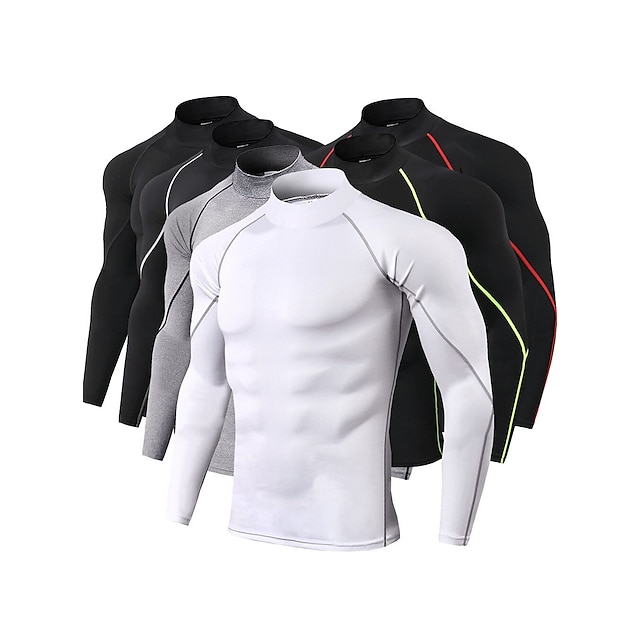  Men's Compression Shirt Running Shirt Stripe-Trim Reflective Strip Long Sleeve Compression Clothing Athletic Winter High Neck Spandex Breathable Moisture Wicking Soft Running Active Training Jogging