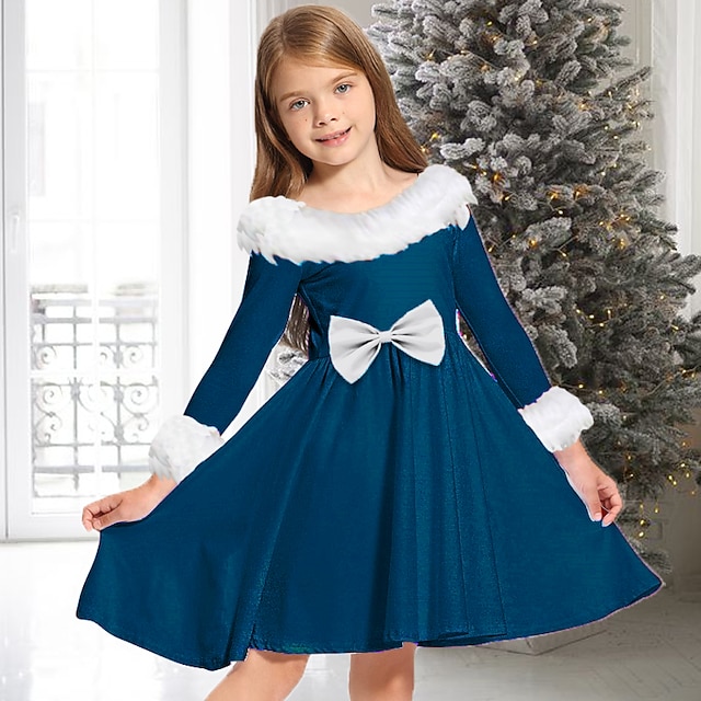  kinderkleidung Mädchen Kleid Feste Farbe Langarm Casual Pelzkragen Rundhalsausschnitt bezaubernd Täglich Polyester Übers Knie Casual kleid Schaukelkleid A Linie Kleid Herbst Winter 2-13 Jahre Schwarz