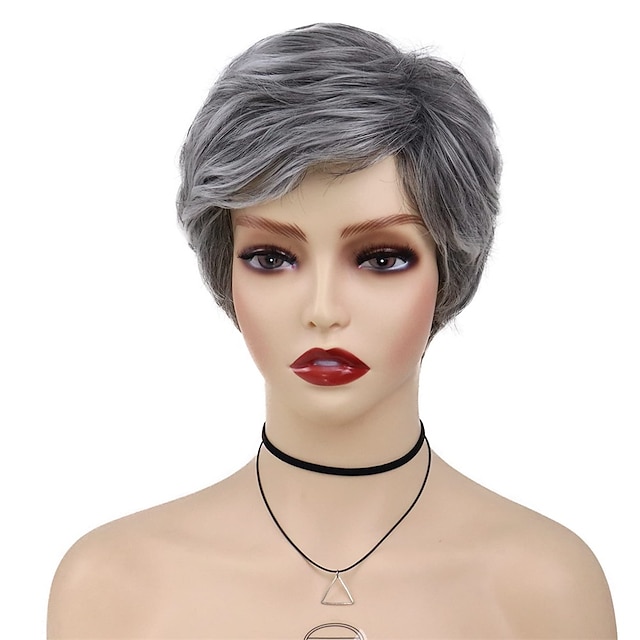 Natural Grey Wigs For White Women With Bangs Short Layered Hairstyles Pixie Cut Old Lady Wig 