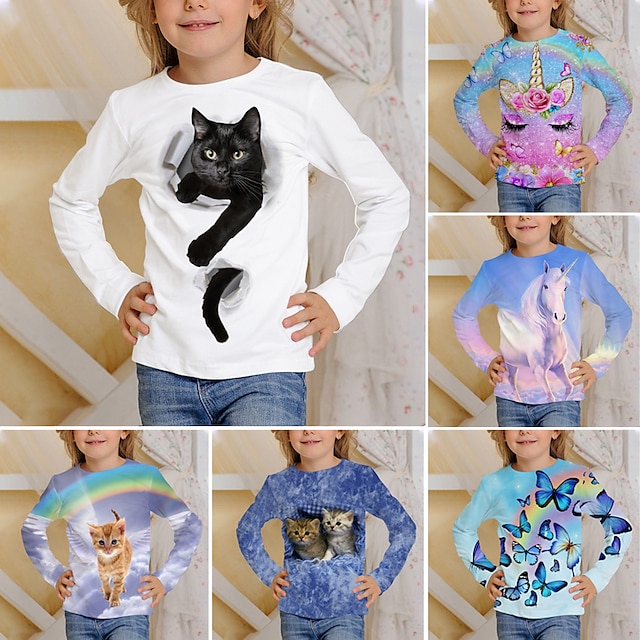  Girls' 3D Animal Cat T shirt Long Sleeve 3D Print Fall Winter Active Sports Fashion Polyester Kids 3-12 Years Outdoor Daily Regular Fit
