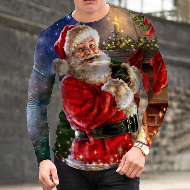Men's Santa Claus Graphic Prints T Shirt Long Sleeve Shirt Crew Neck Christmas Outdoor 3D Print Black Red Blue Print Clothing Apparel Sports Designer Basic Casual4