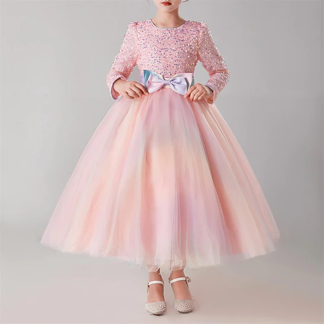 Kids Girls' Flower Girl Dress Party Dress Solid Color Long Sleeve Wedding Party Special Occasion Tie Knot Adorable Princess Polyester Maxi Tulle Dress Spring 4-13 Years Pink Blue 11