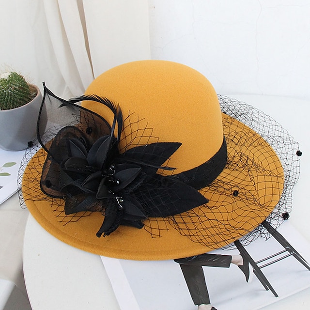  Chapéus Penas Artificiais Poli / Mistura de Algodão Chapéu-coco / Cloche Chapéu de balde Chapéu Fedora Casual Feriado Kentucky Derby coquetel Royal Astcot Estilo vintage Elegante Com Penas Apliques