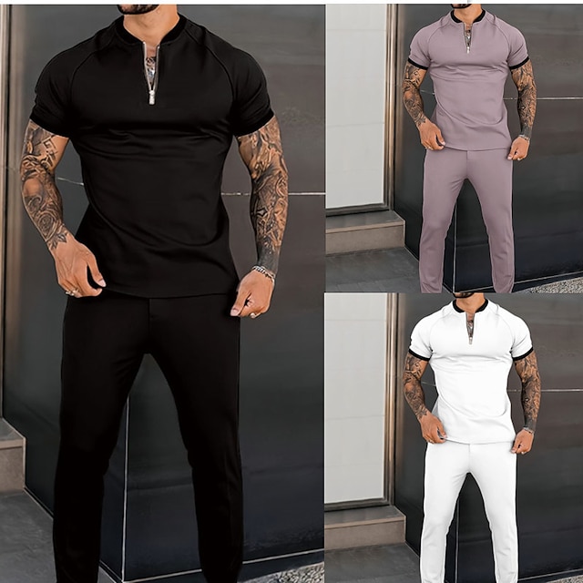 Férfi Póló öltönyök Tracksuit Teniszing Rövidnadrág és póló szett Rövid ujjú Henley Tavasz & Ősz Sima Sportok Dizájn Klasszikus 2 db Szabadtéri Utca Napi Fekete Fehér Poros Rózsa Férfi felső póló