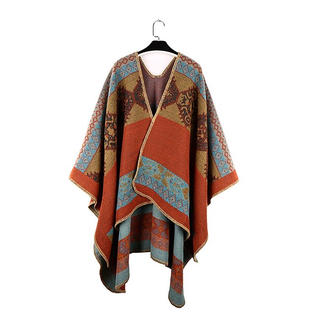  Women's Shirt Shrugs Green Black Blue Print Graphic Geometric Casual Weekend Long Sleeve V Neck Ponchos Capes Regular Loose Fit One-Size