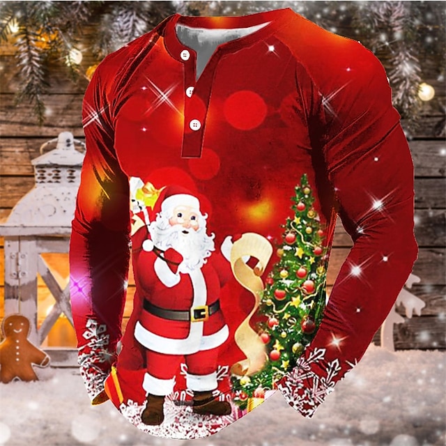 maglietta di natale camicia henley da uomo t shirt tee tee grafica babbo natale henley verde blu arancione rosso 3d stampa all'aperto natale manica lunga patchwork button-down abbigliamento