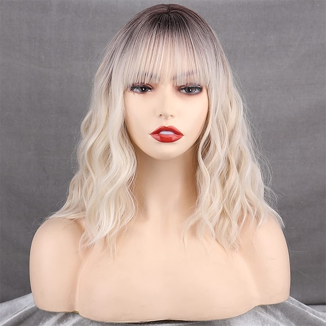 Short Platinum Blonde Wigs For Women White Blonde Wavy Wig With Bangs Synthetic Medium Length