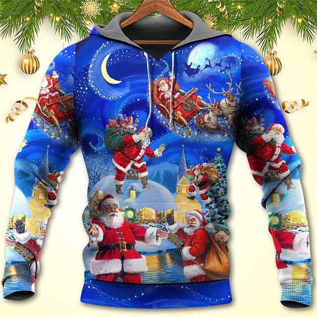 Christmas Men's Santa Claus 3D Hoodies Pullover Blue Hooded Santa Claus Graphic Prints Ugly  Print Daily Sports 3D Print Basic Streetwear Designer4
