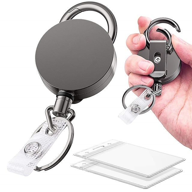  2 Pack Heavy Duty Metal Retractable Badge Holder Reel with Belt Clip Key Ring and Waterproof Vertical Clear ID Card Holder  2 Extra Carabiner Key Chain Rings 28 inches Strong Dyneema Pull Cord