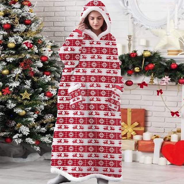 Women's Christmas Pajamas Nightgown Wearable Blanket Hoodie Blanket Snowflake Fashion Comfort Oversized Xmas Home FallFlannel Warm Breathable Pullover Long Sleeve Pocket Hoodie Winter Spring Silver