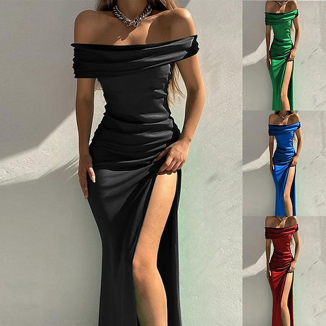  Women's Party Dress Satin Dress Green Dress Midi Dress Black Wine Blue Pure Color Sleeveless Spring Summer Ruched Fashion Off Shoulder Wedding Party Evening Party 2023 S M L XL XXL 3XL
