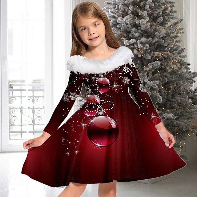  Kids Girls‘ Dress Santa Claus Casual Dress Above Knee Dress Gifts Crewneck Long Sleeve Adorable Dress 2-13 Years Winter Blue Gold Wine