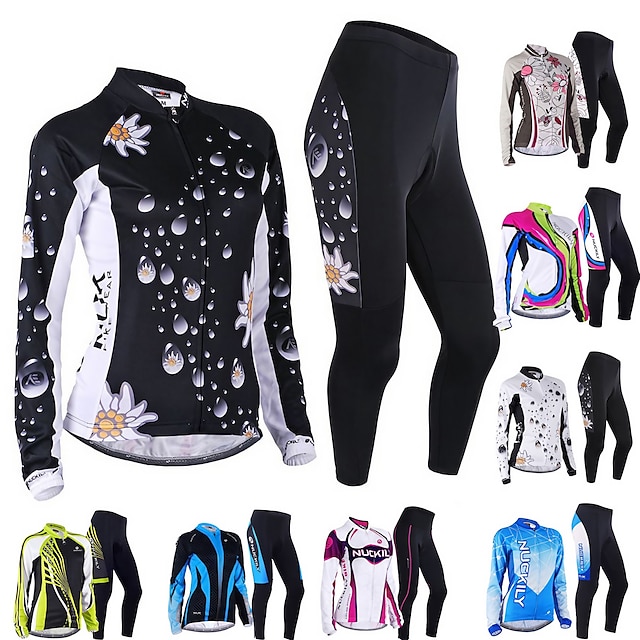  Nuckily Dame Langermet Sykkeljersey med tights Hvit Svart Blomster botanikk Sykkel Treningsdrakt Vindtett Pustende Anatomisk design Refleksbånd Tilbake Lomme sport Polyester Lycra Blomster botanikk