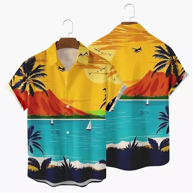  Men's Shirt Coconut Tree Graphic Prints Turndown Blue Purple Yellow Orange 3D Print Outdoor Street Short Sleeves Button-Down Print Clothing Apparel Tropical Fashion Hawaiian