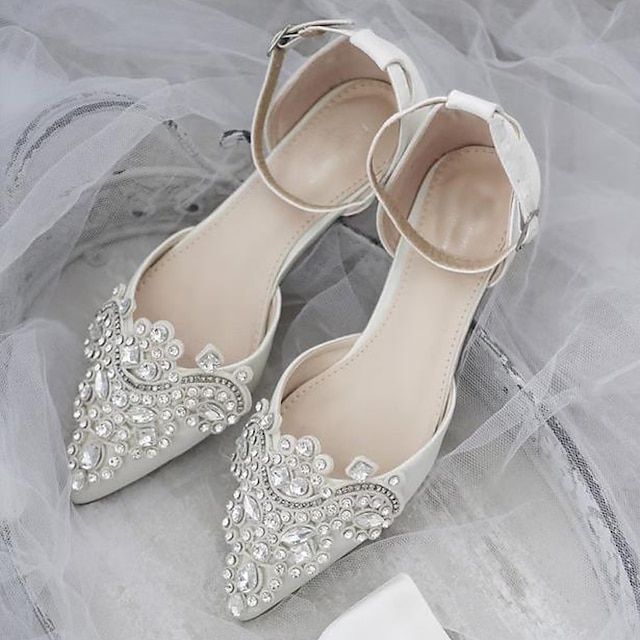  Mujer Zapatos de boda Escarpines Lentejuelas cristal brillo Sandalias con correa en el tobillo Color sólido Pedrería Tacón Plano Dedo Puntiagudo Elegante Satén Blanco Azul Claro