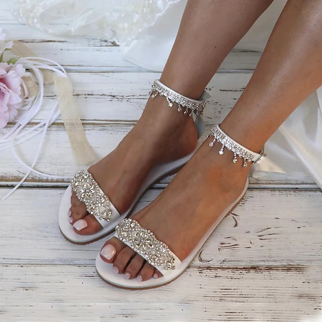 Women's White Rhinestone Flat Sandals – Elegant Bridal Beach Wedding Shoes with Ankle Strap 5