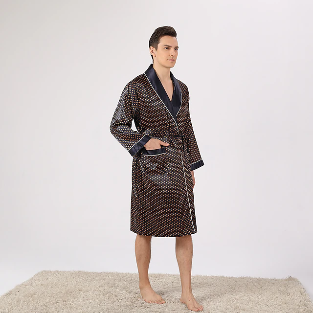Simple Robe Men Cloth Men's Plus Size Robe Silk Robe Robes Gown Silk Kimono 2 Pieces Waves ...
