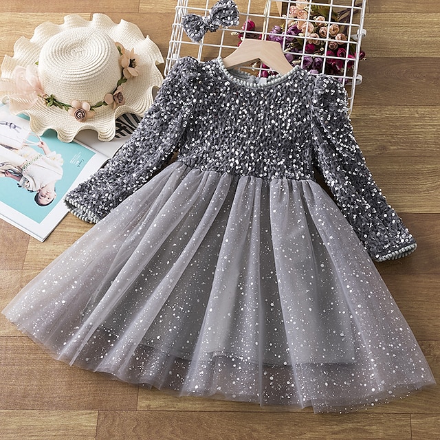  Batole Dívčí Šaty na párty Pevná barva Dlouhý rukáv Výkon Flitry Síťka Roztomilý Princeznovské Polyester Délka ke kolenům Tylové šaty Léto Jaro 3-7 let Rubínově červená Šedá