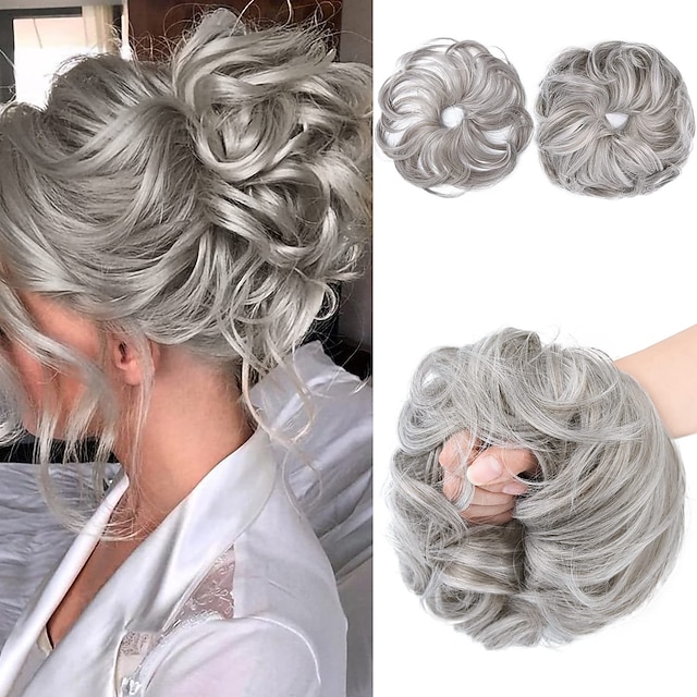  2PCS Updo Messy Hair Bun Curly Wavy Ponytail Extensions Hairpieces Hair Scrunchies Wraps Chignon for Women Girls (Plus Limited Hair Bun with Longer Hair Length Grey/Brown/Silver/White Mixed)