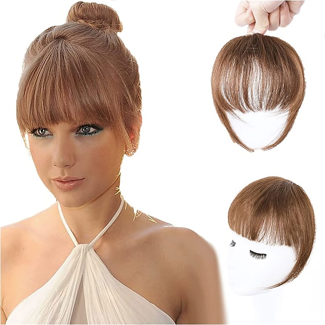 Clip in Bangs Hairpiece Medium Brown Clip on Bangs with Temple Wispy Bangs Hair Extensions for