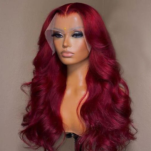  Peruca de cabelo humano brasileiro remy frontal de renda transparente vermelho ondulado perucas de cabelo humano frontal de renda para mulheres