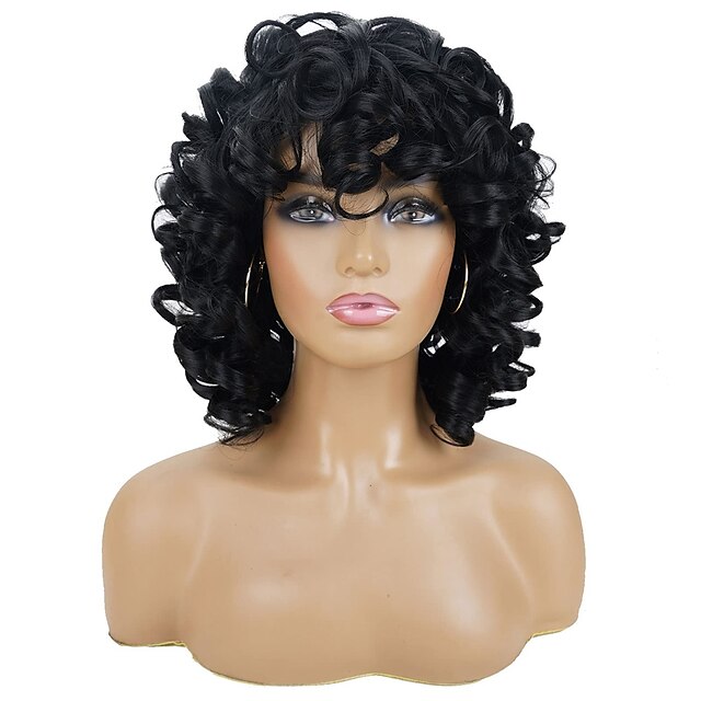 Short Curly Wigs for Black Women Soft Black Big Curly Wig with Bangs ...