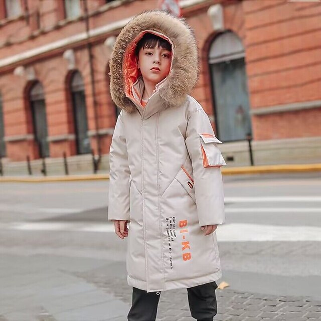  Kinderen Jongens Dons bovenkleding Brief Lange mouw jas Buiten Stoer Zwart Geel Wijn Winter Herfst 7-13 jaar