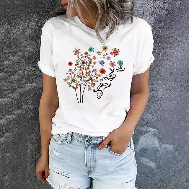  Women's T shirt Tee White Pink Yellow Print Graphic Letter Daily Holiday Short Sleeve Round Neck Basic 100% Cotton Regular Painting S