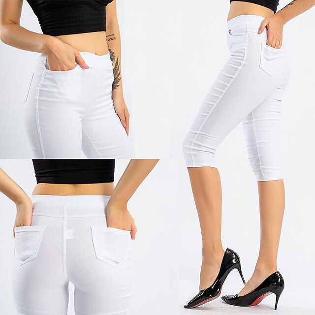 Women's Leggings Cotton Blend Black White High Waist Sports Streetwear Daily Wear Yoga Pocket Calf-Length Tummy Control Solid Colored XS S M L XL