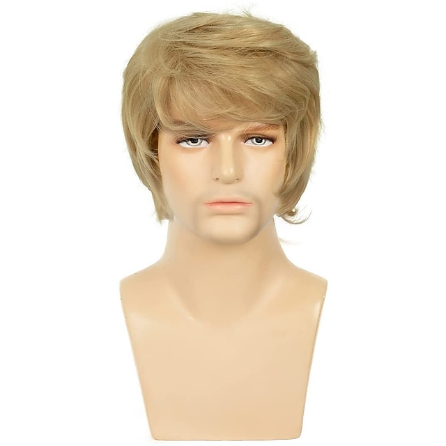 Mens Wig Blonde Short Layered Fluffy Hair Wig Natural Synthetic Heat