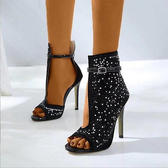  Women's Boots Outdoor Daily Sandals Boots Summer Boots Booties Ankle Boots Summer Rhinestone Buckle Stiletto Heel Peep Toe Elegant Sexy PU Leather Buckle Black