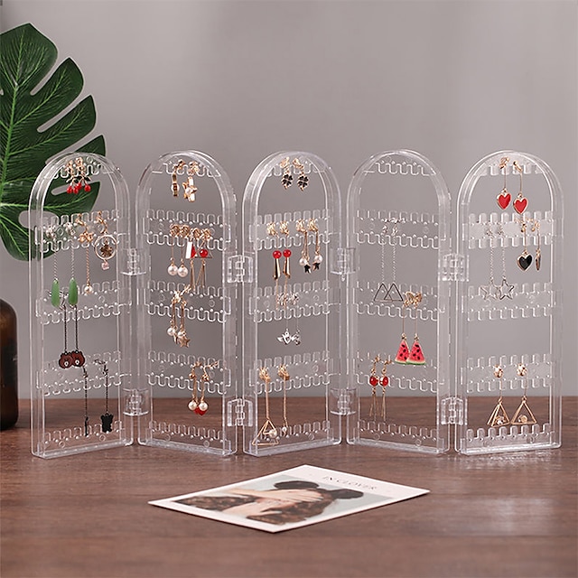  Plastic Clear Earrings Studs Display Rack Folding Screen Earring Jewelry Display Stand Holder Storage Box Gift For Women