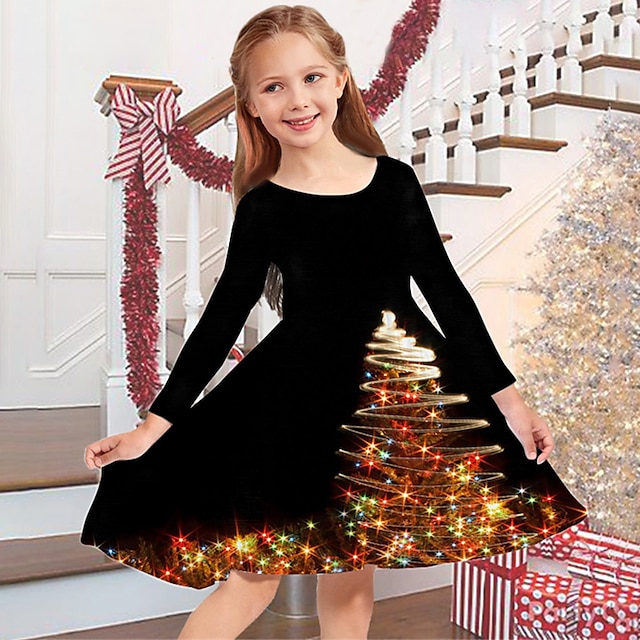  Kids Girls' Christmas Dress Dress Snowflake Dress Tree Snowflake Long Sleeve Christmas Gifts Casual Crewneck Adorable Daily Polyester Above Knee Casual Dress Swing Dress A Line Dress Fall Winter 3-10