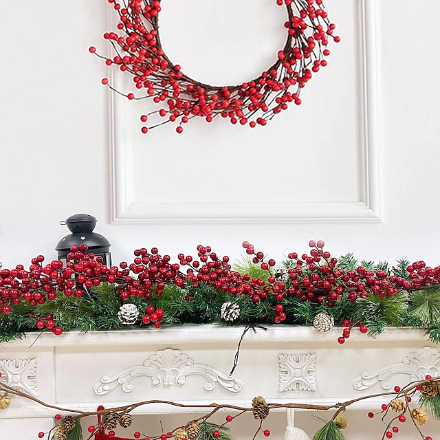 Christmas Garland Christmas Decorations Garland with Pine Cones Red Berries Bristle Pine Garland Xmas Decoration Indoor Outdoor Home Mantle Fireplace Holiday Decor Christmas 9