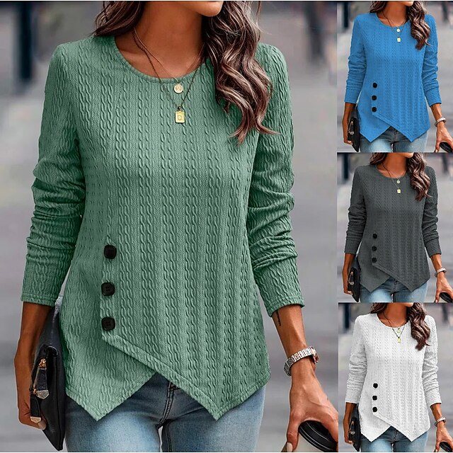  Women's Polo Tunic Green Blue Dark Gray Patchwork Flowing tunic Plain Striped Home Casual Long Sleeve Round Neck Basic Vintage Cotton Regular Loose Fit Geometric S