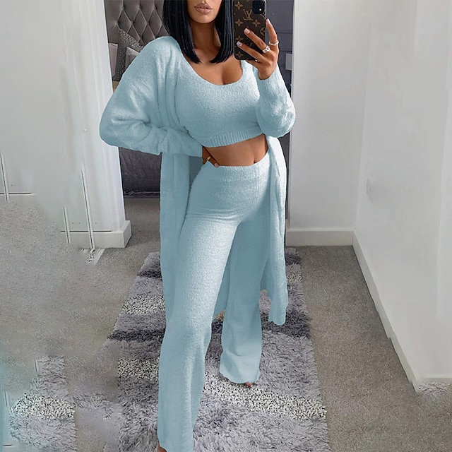  dam loungewear set fluffig fuzzy sweatsuit 3 delar pyjamas ren färg varm mode enkelt fest hemmagata fleece crew neck ärmlös crop top byxa resår midja vinter höst svart kamel