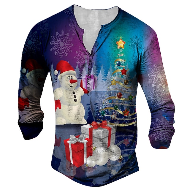 חולצת טריקו לחג המולד חולצת טריקו לגברים חולצת טריקו הנלי חולצת חולצה גרפית איש שלג הנלי אדום כחול סגול הדפס תלת מימד חיצוני חג המולד הדפסת שרוולים ארוכים ביגוד ביגוד מעצב ביגוד בייסיק קלאסי