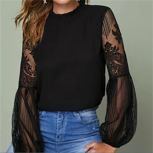 Women's Boho Shirt Lace Shirt Blouse Mesh Patchwork Top Solid / Plain Color Classic Lace Sweet Lantern Sleeve Party Daily Going out Embroidery Black Wine Dark Blue Spring & Fall Fall & Winter 9