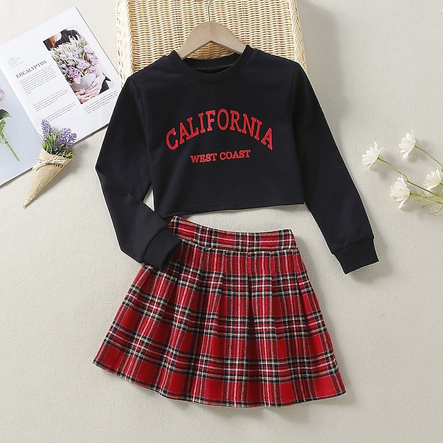  2 Pieces Kids Girls' Plaid Skirt & Shirt Set Long Sleeve Active Outdoor 7-13 Years Winter Red